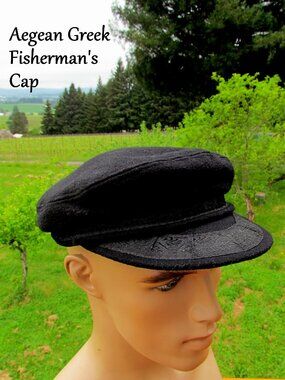 AEGEAN GREEK FISHERMAN'S CAP, BLACK WOOL w TRADITIONAL ROPE DETAILING, VINTAGE